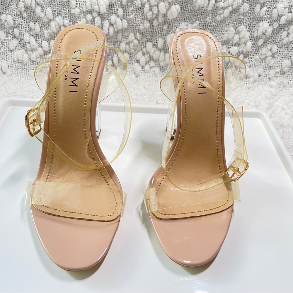 SIMMI Nude Patent Clear Block Ankle Strap Heels